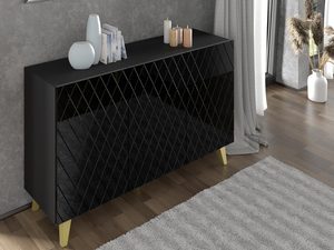 Miniaturka 4 - Komoda z czarnymi frontami, pikowanym wzorem i złotymi nogami w industrialnym stylu