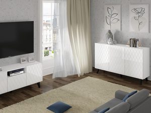 Miniaturka 12 - Komoda z białymi frontami, pikowanym wzorem i czarnymi nogami w eleganckim stylu