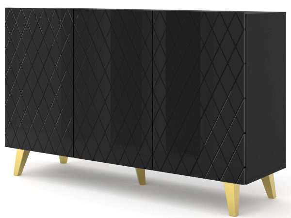 Nowoczesna komoda z czarnymi, pikowanymi frontami i złotymi nogami w glamour stylu