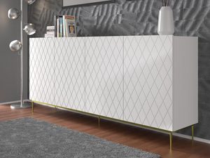 Miniaturka 11 - Biała komoda z geometrycznymi frontami, wysokim połyskiem i czarnymi metalowymi nogami w minimalistycznym stylu do nowoczesnego salonu