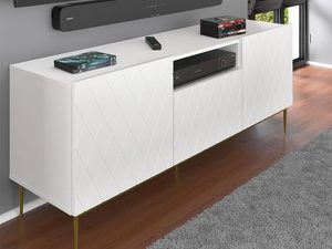 Miniaturka 7 - Komoda z białymi frontami, pikowanym wzorem i złotymi nogami w minimalistycznym stylu