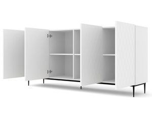 Miniaturka 8 - Nowoczesna komoda z białymi frontami o geometrycznym wzorze i smukłymi czarnymi metalowymi nogami do minimalistycznego salonu