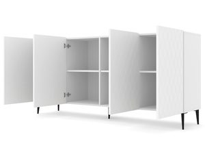 Miniaturka 6 - Biała komoda z geometrycznymi frontami, smukłymi metalowymi nogami i satynowym wykończeniem w skandynawskim stylu