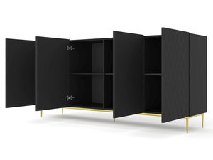 Miniaturka 4 - Komoda z czarnymi frontami o pikowanym wzorze, złotymi nogami i satynowym wykończeniu w stylu retro do eleganckiego wnętrza