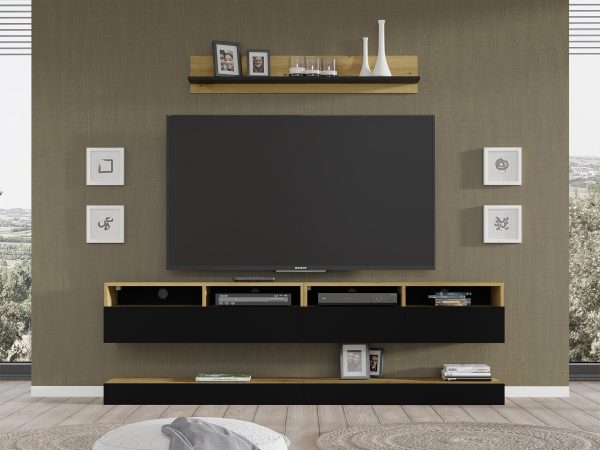 Nowoczesna szafka RTV z drewnianymi półkami i czarnymi frontami do salonu