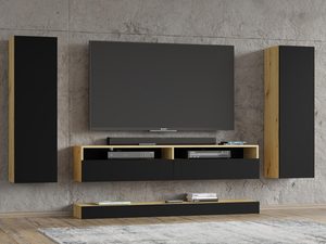 Miniaturka 1 - Zestaw mebli RTV z drewnianymi półkami i czarnymi frontami w loftowym stylu do salonu