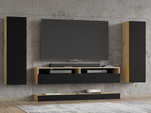 Zestaw mebli RTV z drewnianymi półkami i czarnymi frontami w loftowym stylu do salonu
