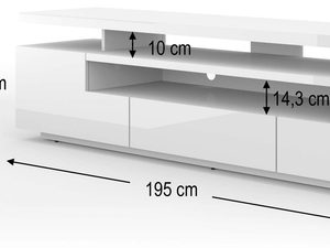 Miniaturka 6 - Biała szafka RTV z podświetleniem LED i otwartymi półkami w nowoczesnym stylu z wymiarami