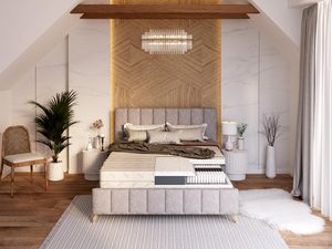 Miniaturka 3 - Nowoczesna sypialnia z łóżkiem tapicerowanym i pikowanym wezgłowiem kolor beżowy