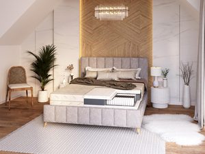 Miniaturka 4 - Nowoczesna sypialnia z łóżkiem tapicerowanym i pikowanym wezgłowiem kolor beżowy