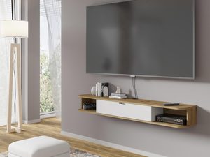 Miniaturka 4 - Półka RTV z białą szufladą i dębowym blatem w minimalistycznym stylu do salonu