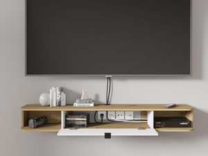 Miniaturka 8 - Nowoczesna półka RTV z czarnym korpusem i dębowym blatem w eleganckim stylu do salonu