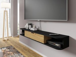 Miniaturka 15 - Nowoczesna półka RTV z czarnym korpusem i dębowym blatem w minimalistycznym stylu