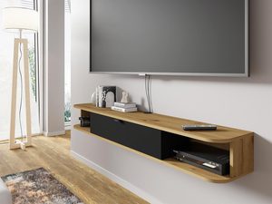 Miniaturka 7 - Nowoczesna półka RTV z czarnym korpusem i dębowym blatem w industrialnym stylu
