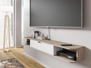 Miniaturka 20 - Nowoczesna półka RTV z czarnym korpusem i drewnianym blatem, salon w stylu loftowym.