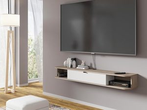 Miniaturka 19 - Półka RTV z białą szufladą i dębowym blatem, nowoczesne wnętrze salonu