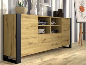 Miniaturka 4 - Nowoczesna komoda z drewnianymi frontami i czarnymi detalami kolor dąb i czarny