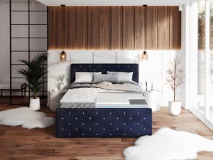 Miniaturka 1 - Nowoczesne łóżko tapicerowane z pikowanym wezgłowiem kolor granatowy