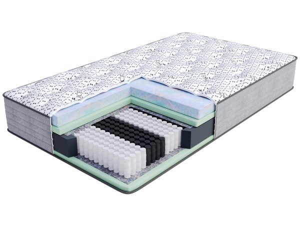 Przekrój materaca z pianką HR i sprężynami kieszeniowymi kolor biały i zielony