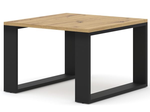 Nowoczesny stolik kawowy z drewnianym blatem i metalową podstawą kolor dąb i czarny