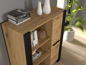 Miniaturka 3 - Drewniana witryna z półkami i metalowymi akcentami kolor dąb i czarny