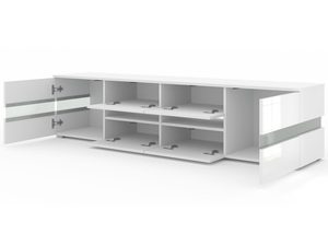 Miniaturka 9 - Nowoczesna szafka RTV z białym korpusem, szklanymi frontami i podświetleniem LED w skandynawskim stylu