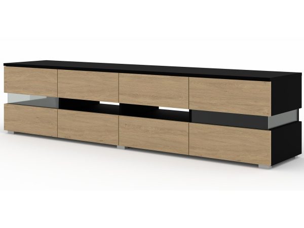 Nowoczesna szafka RTV z czarnym korpusem i podświetleniem LED w minimalistycznym stylu