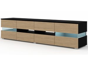 Miniaturka 3 - Nowoczesna szafka RTV z czarnym korpusem, szklanymi półkami i podświetleniem LED w minimalistycznym stylu