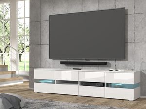 Miniaturka 11 - Nowoczesna szafka RTV z białym korpusem, szklanymi frontami i podświetleniem LED