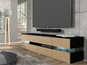 Miniaturka 5 - Szafka RTV z dębowym korpusem, szklanymi frontami i podświetleniem LED w eleganckim stylu do salonu