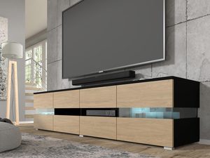 Miniaturka 6 - Nowoczesna szafka RTV z dębowym korpusem, szklanymi półkami i podświetleniem LED w industrialnym stylu