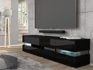 Miniaturka 20 - Nowoczesna półka RTV z czarnym korpusem i dębowym blatem w minimalistycznym stylu