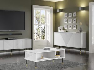 Miniaturka 3 - Biały stolik kawowy z pionowymi frontami, smukłymi złotymi nogami i geometrycznym wzorem w minimalistycznym stylu