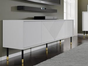 Miniaturka 16 - Szafka RTV z białymi frontami, geometrycznym wzorem i złotymi nogami w minimalistycznym stylu do nowoczesnego salonu