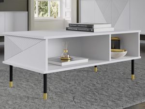 Miniaturka 2 - Biały stolik kawowy z pionowymi frontami, złotymi metalowymi nogami i otwartymi półkami w stylu art deco