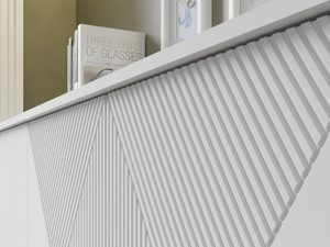 Miniaturka 18 - Biała komoda z geometrycznymi frontami, smukłymi czarnymi metalowymi nogami i wykończeniem w wysokim połysku do eleganckiego wnętrza