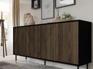 Miniaturka 4 - Komoda z ciemnymi drewnianymi frontami, czarnym korpusem i smukłymi metalowymi nogami w stylu loftowym