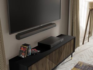 Miniaturka 4 - Komoda z ciemnymi drewnianymi frontami, smukłymi metalowymi nogami i geometrycznym wzorem w stylu industrialnym do stylowego wnętrza