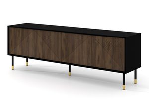 Miniaturka 1 - Komoda z drewnianymi frontami, smukłymi metalowymi nogami i geometrycznym wzorem w stylu mid-century modern