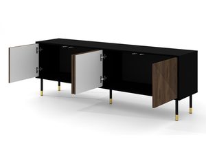 Miniaturka 2 - Komoda z ciemnymi drewnianymi frontami, czarnym korpusem i złotymi nogami w industrialnym stylu