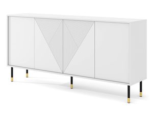 Miniaturka 13 - Biała komoda z geometrycznymi frontami, smukłymi złotymi nogami i wykończeniem w wysokim połysku do eleganckiego salonu