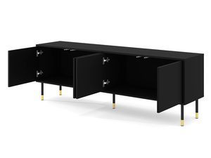 Miniaturka 8 - Komoda z ciemnymi drewnianymi frontami, czarnym korpusem i złotymi nogami w stylu mid-century modern do stylowego wnętrza