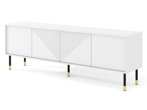 Miniaturka 13 - Biała szafka RTV z geometrycznymi frontami, złotymi nogami i smukłym metalowym korpusem w stylu retro do nowoczesnego wnętrza