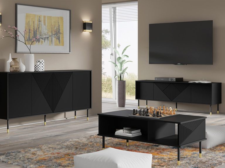 Salon z czarnymi meblami