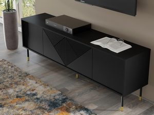 Miniaturka 9 - Komoda RTV z ciemnymi drewnianymi frontami, smukłymi metalowymi nogami i geometrycznym wzorem w stylu industrialnym do salonu