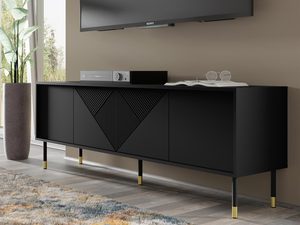 Miniaturka 10 - Czarna komoda RTV z geometrycznymi frontami, złotymi nogami i smukłym metalowym korpusem w minimalistycznym stylu do nowoczesnego wnętrza