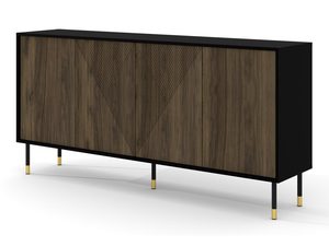 Miniaturka 1 - Komoda z ciemnymi drewnianymi frontami, czarnymi metalowymi nogami i geometrycznym wzorem w stylu retro do stylowego wnętrza