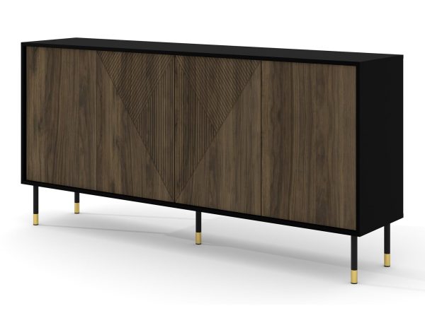 Komoda z ciemnymi drewnianymi frontami, czarnymi metalowymi nogami i geometrycznym wzorem w stylu retro do stylowego wnętrza