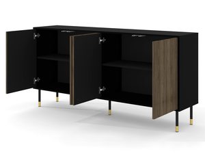 Miniaturka 2 - Komoda z ciemnymi drewnianymi frontami, czarnym korpusem i smukłymi metalowymi nogami w stylu mid-century modern