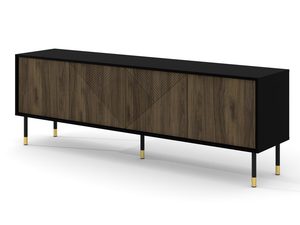 Miniaturka 1 - Komoda RTV z czarnymi frontami, geometrycznym wzorem i smukłymi złotymi nogami w nowoczesnym stylu do eleganckiego salonu